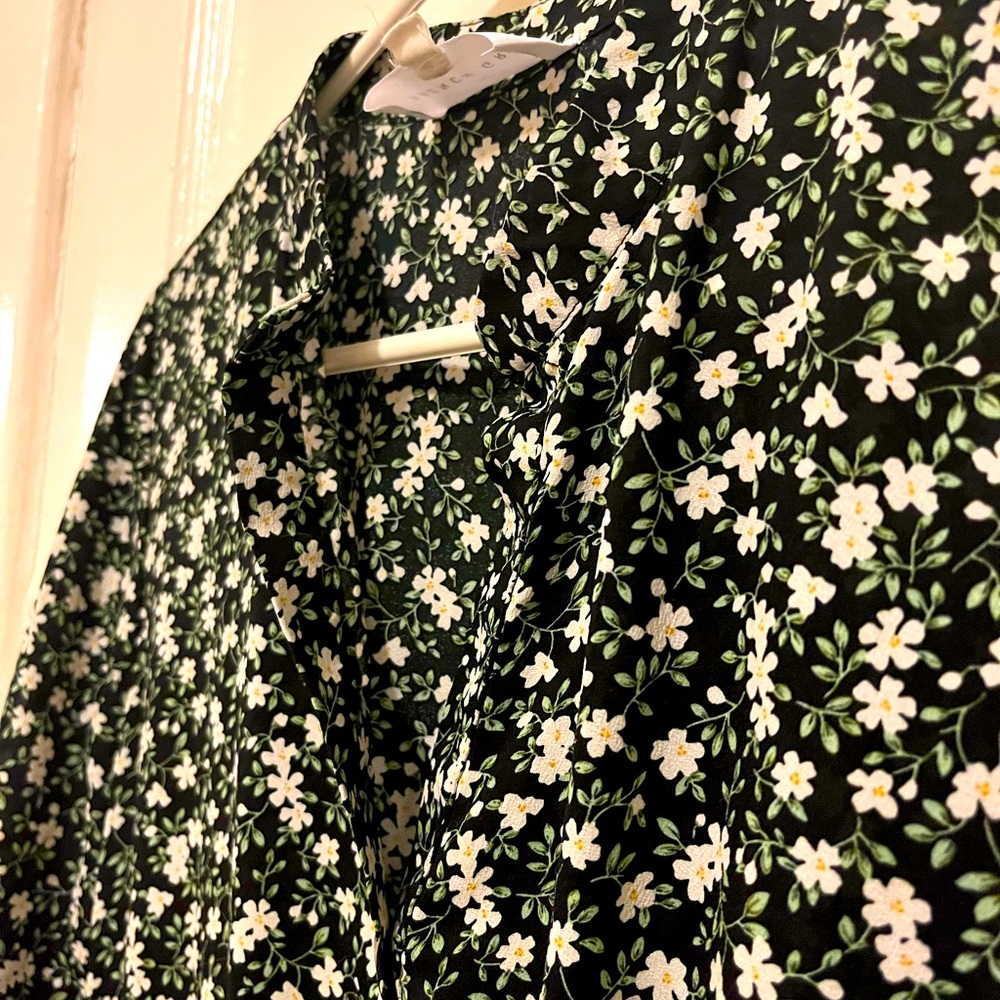 French Grey Green Patterned Flower Dress Small Long Sleeve
